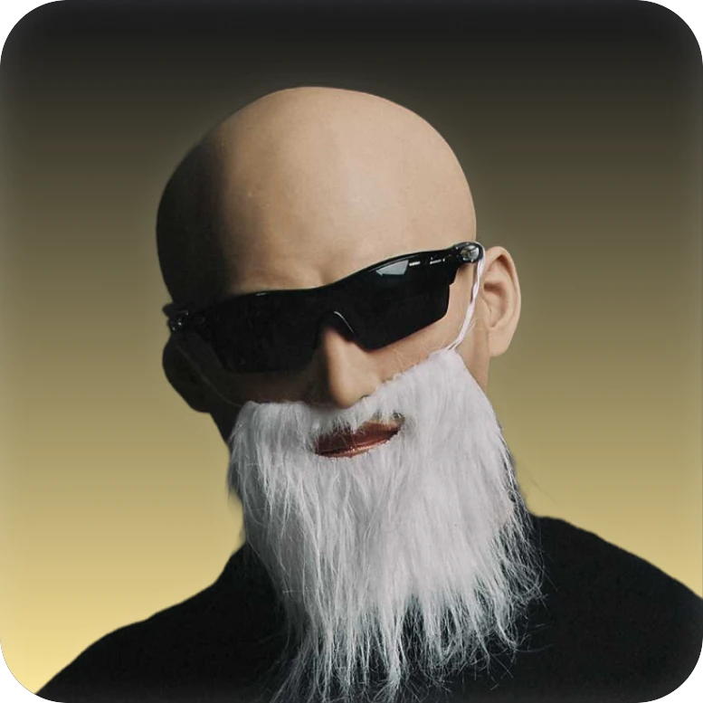 Photo portrait of a bald man in black sunglasses and a long white beard against a golden gradient background